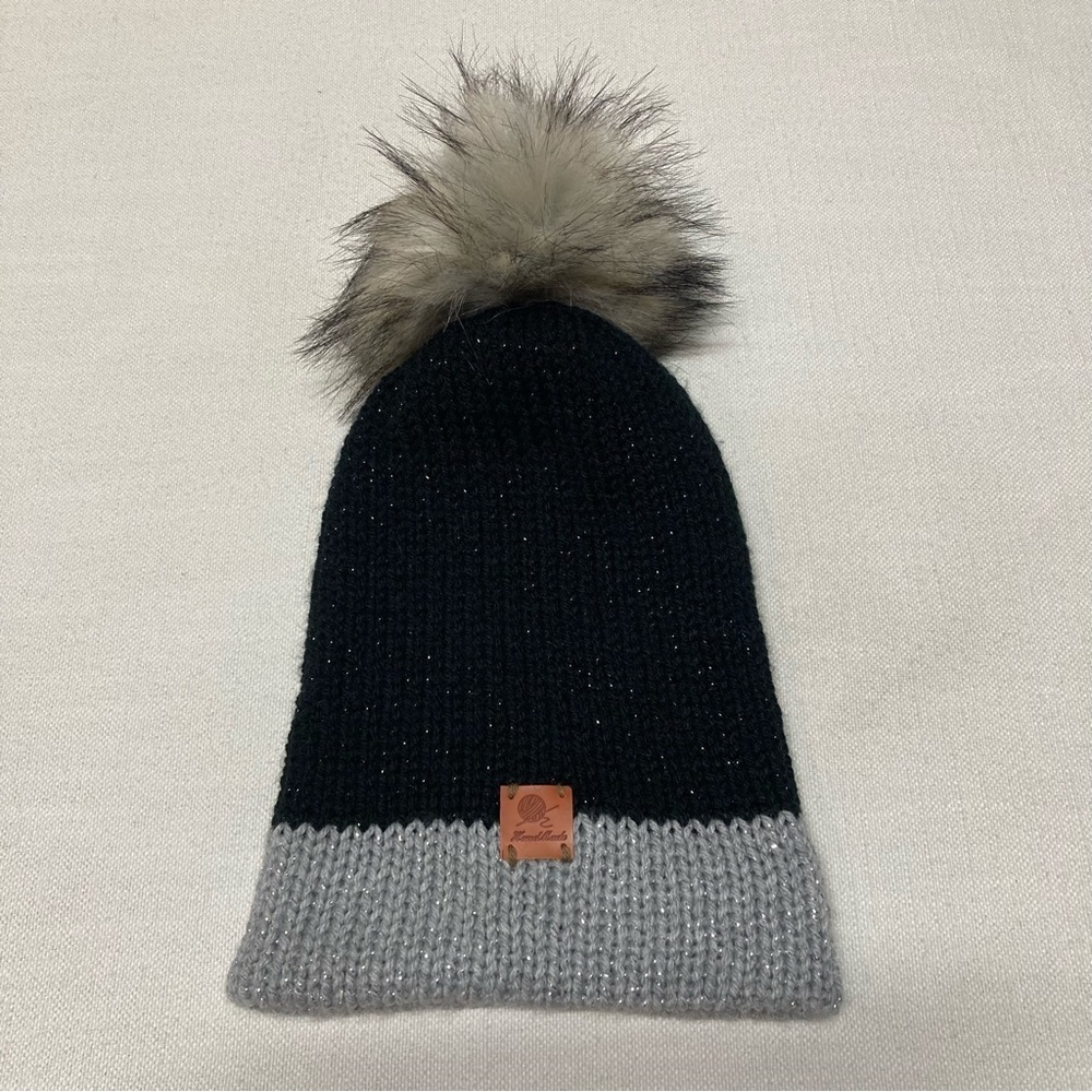 HandMade | Color Blocked Black and Grey Beanie with Pom Pom